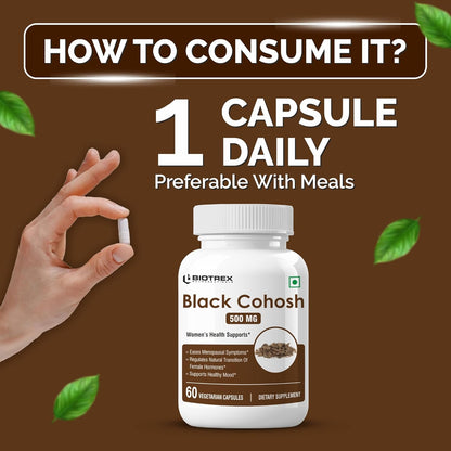 Biotrex Nutraceuticals Black Cohosh (10:1) 500mg | Supports Mood Balance & Hot Flashes | Overall Wellbeing & Bone Health | Non-GMO & Gluten Free | 60 Veg Capsule