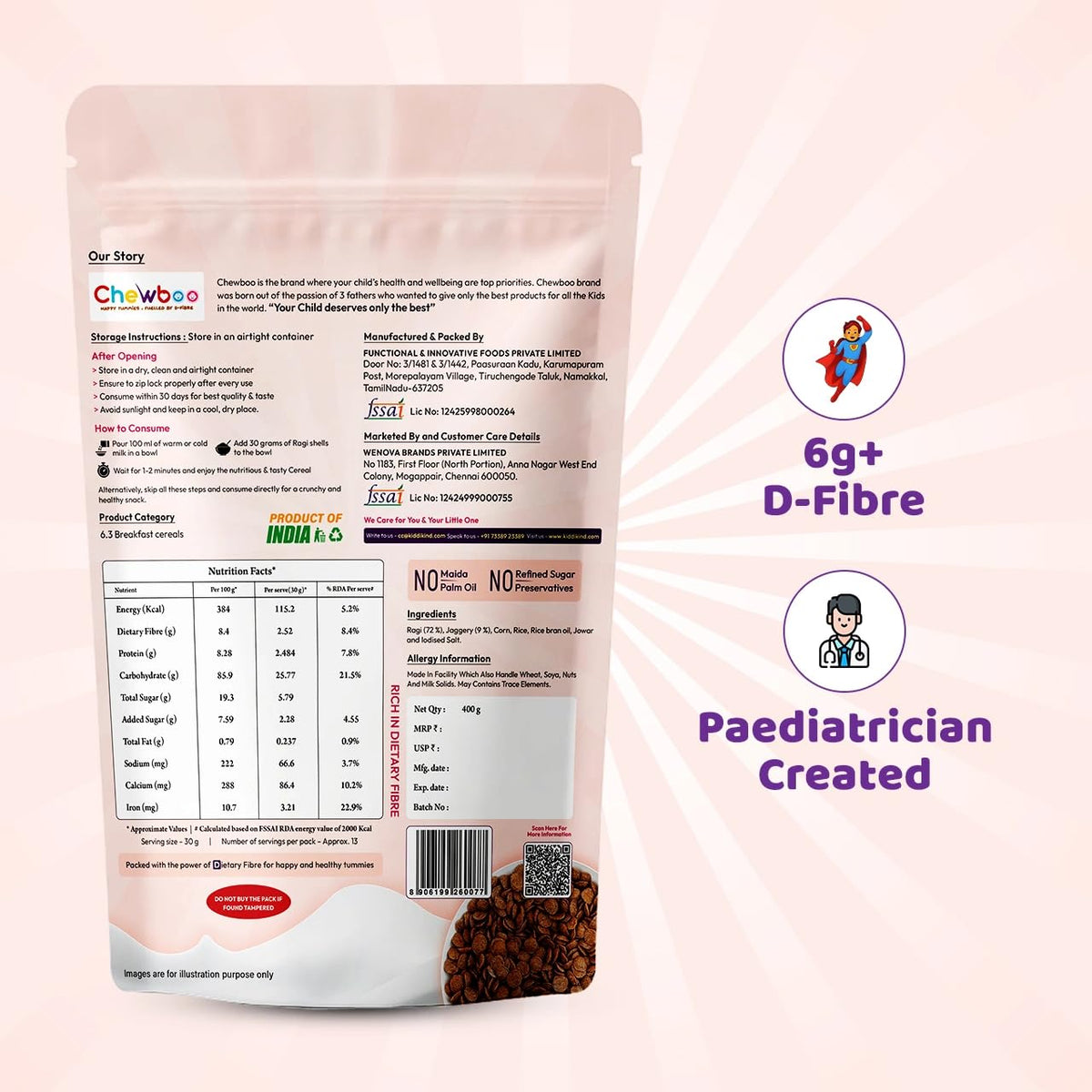 Chewboo Ragi Millet Shells | High Fibre, Iron & Calcium Kids Cereal | 72% Ragi | Jaggery Sweetened | No Refined Sugar | Healthy Breakfast & Snack | 400g