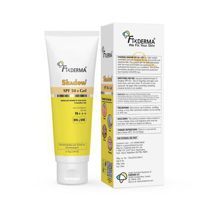 Fixderma Shadow Sunscreen SPF 50+ PA+++ Gel | Sunscreen SPF 50 for Oily, Acne Prone & Normal Skin | Broad Spectrum & UVA & UVB Protection | Lightweight | No White Cast | For Unisex - 75G