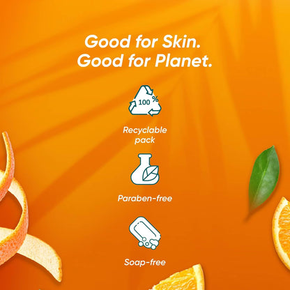 Orange product packaging with sustainability features on an orange background