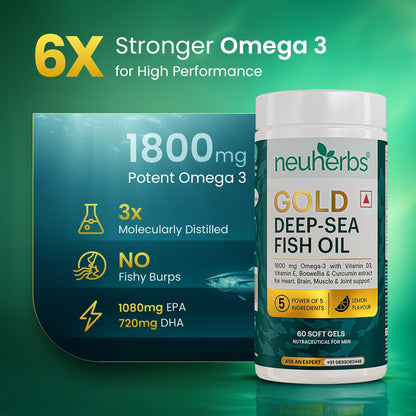 Neuherbs Gold Deep Sea 6X Omega 3 Fish Oil Capsules - 60 Softgels | EPA - 1080mg & DHA - 720mg | Vitamin E & D3 For Muscle, Brain & Joints Support | Lemon Flavour | No Fishy Burps| Heavy Metals Tested