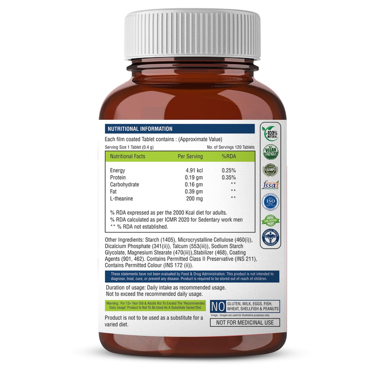 Brown supplement bottle with white label on a white background