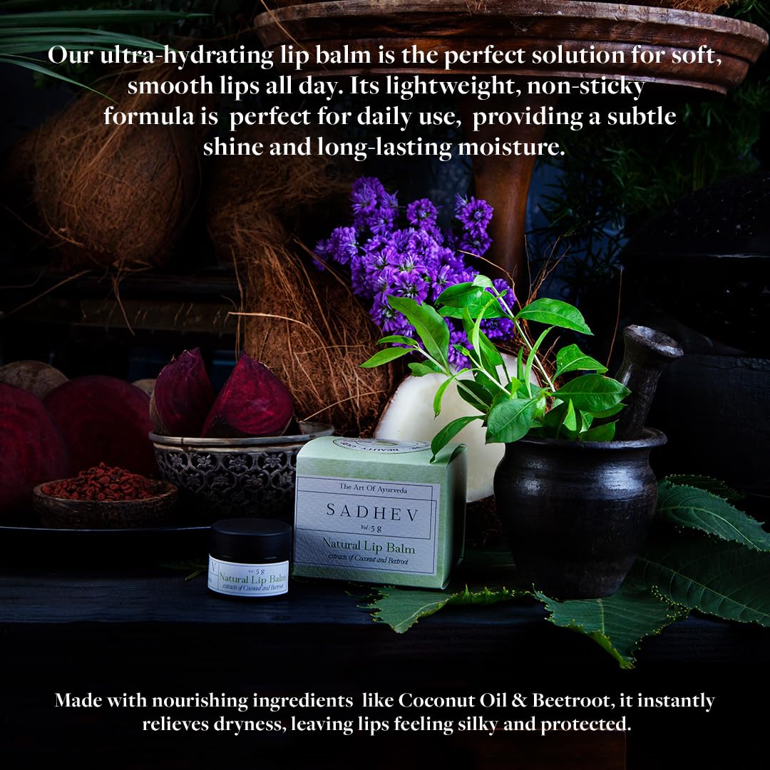 Sadhev Ayurvedic Natural Lip Balm With Beetroot & Coconut Oil | Mildly Tinted Moisturizer | Softens Dry Chapped & Pigmented Lips All Day (5 gm)