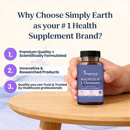 Simply Earth Magnesium L-Threonate, Supports Brain Health & Cognitive Function, Highly Bioavailable Magnesium - 60 Veg Capsules