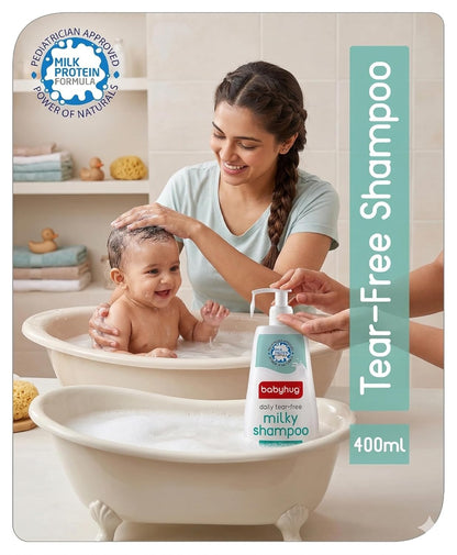 BABYHUG Daily Tear-Free Milky Shampoo – Enriched with Milk Protein & Natural Oils Pack Of 1 (400ML) | Enriched with Milk Protein, Natural Oils