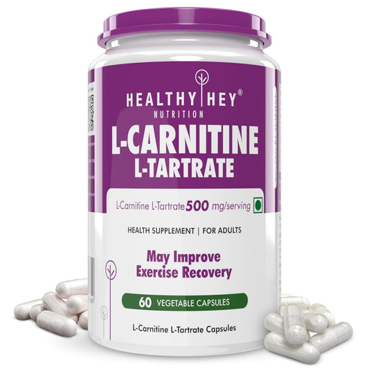Supplement bottle labeled 'Healthy Hey Nutrition L-Carnitine L-Tartrate' with purple and white design.