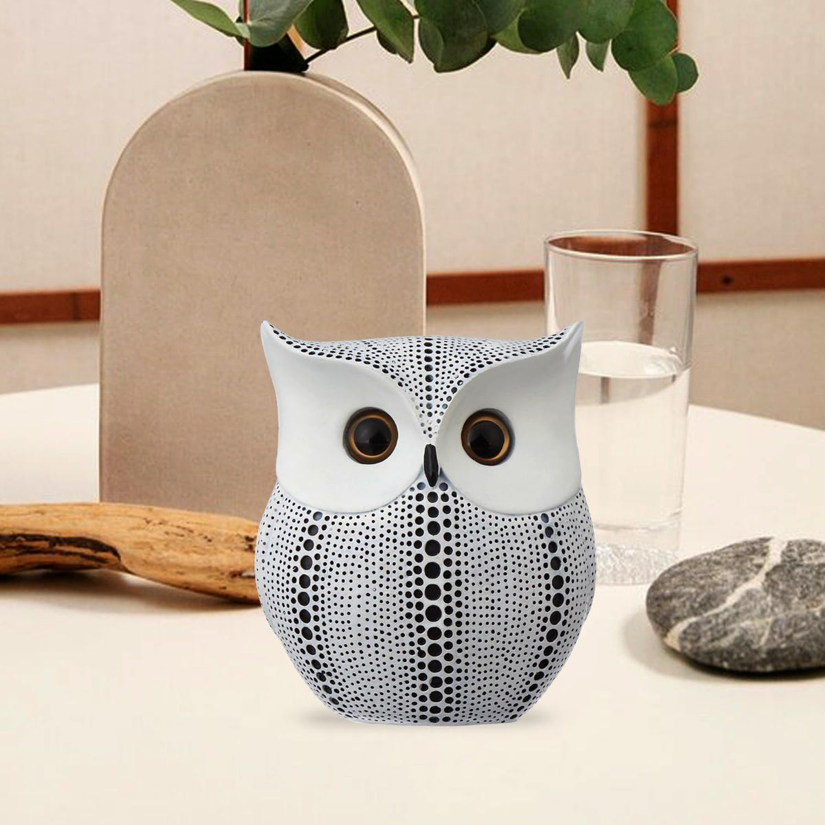 Modern Classy Happy Owl Resin Art Figure Showpiece (White), 13 x 6.5 cm