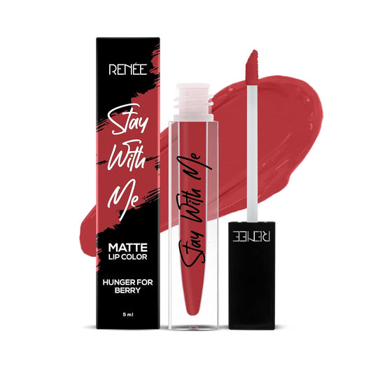RENEE Stay With Me Matte Lipstick - Hunger For Berry l Transfer Proof, Smudge & Waterproof | Long Stay l Highly Pigmented l Velvety, Matte Finish l Enriched with Vitamin E l Travel Friendly l 5 ml