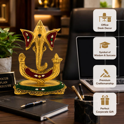Kalakriti Decorative Lord Trishul Ganesha Idol for Home Decor – Golden Metal Finish Ganpati Murti for Pooja Room, Office & Gift Purpose