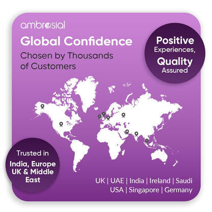 Purple card with world map and text about global confidence and customer trust, featuring the brand 'ambrosial'.