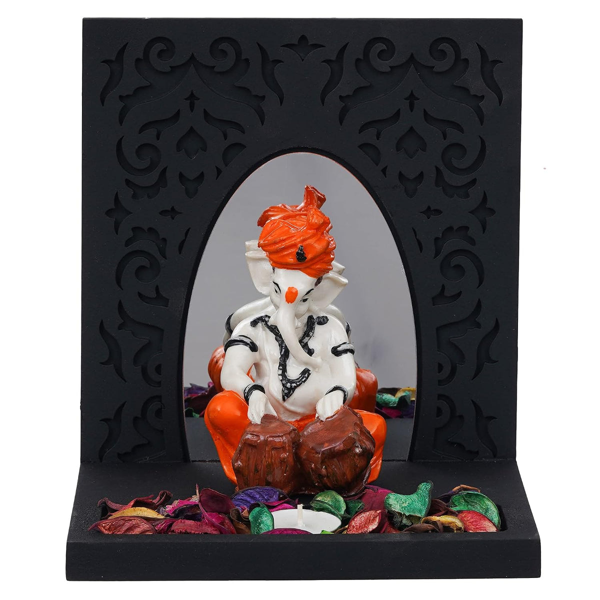 Orange White Resin Lord Ganesha Idol Playing Tabla Showpiece Potpourri Tea Light Candle Holder| Ganpati Murti Tea Light Holder Diwali Decoration Items for Home Decor Office| Diwali Gift