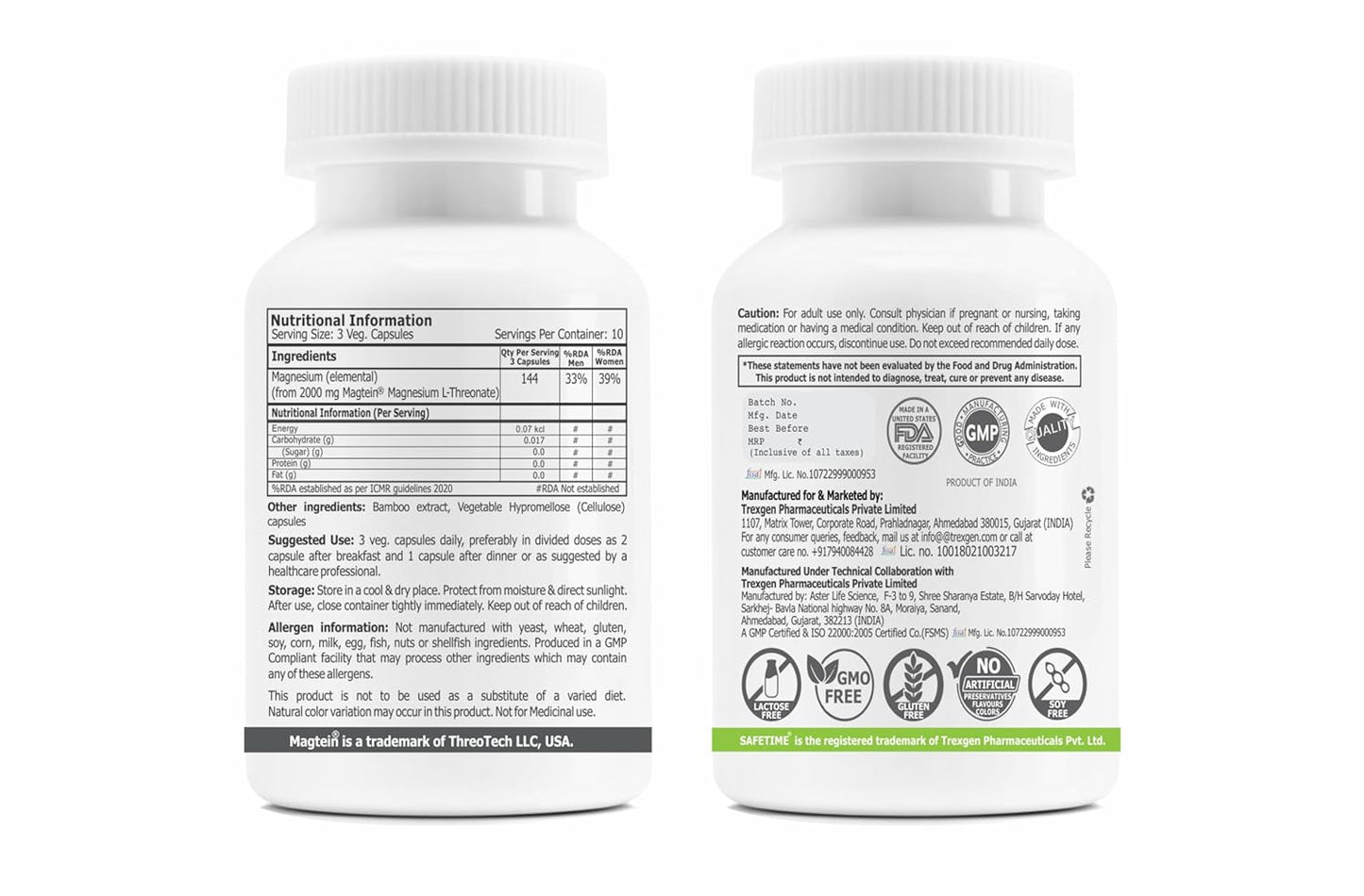 Two white supplement bottles with labels on a white background