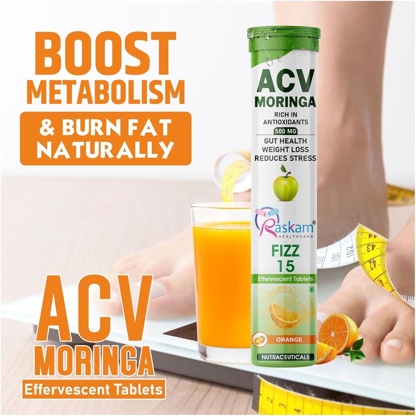 ACV Moringa Antioxidant Effervescent Tablets | Fizz 15 Effervescent Tablets (Pack of 1) |Orange Flavour, 500mg | Natural Liver Detox and Gut Health