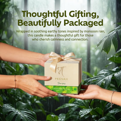 Pranah Monsoon Raaga Aromatherapy Scented Candle | 128g, 28 Hours Burn | Wet Earth & Woody White Floral Notes | Musky Patchouli Oil | Soy Wax, Vegan | Earthy & Sweet Calm