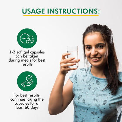 Woman holding a glass of water with usage instructions for soft gel capsules on a white background