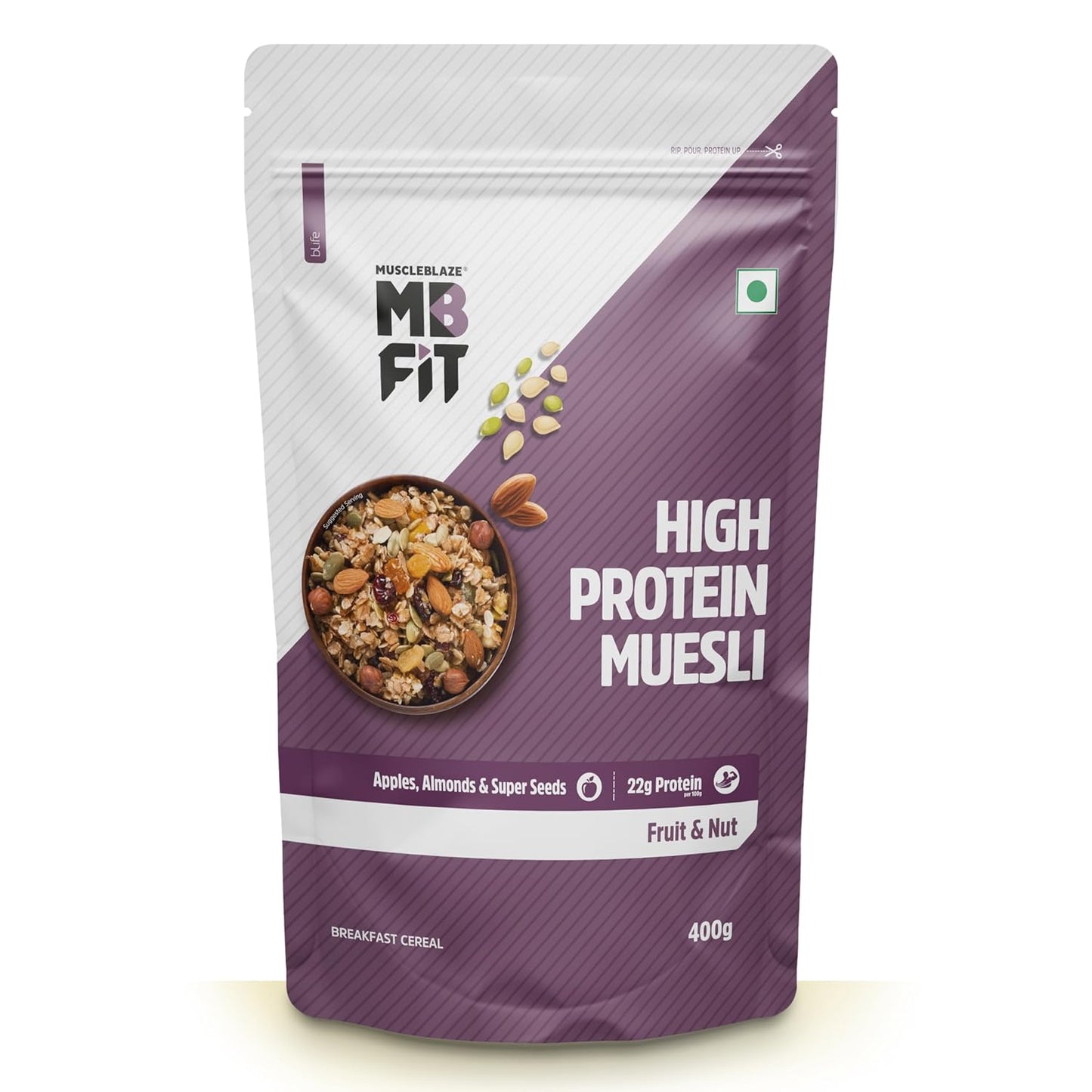 MuscleBlaze Fit High Protein Muesli ,400g | 22g Protein | With Raisins, Almonds & Super Seeds, High Protein Breakfast Cereals
