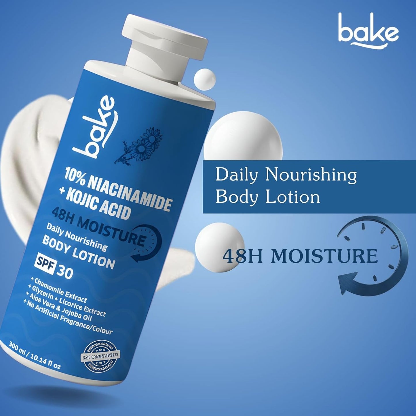 BAKE 10% Niacinamide Body Lotion SPF 30 with Kojic Acid for Acne Marks, Dark Spots & Pigmentation, 48H Moisturizing, Tan Removal | For Women & Men | 300ml