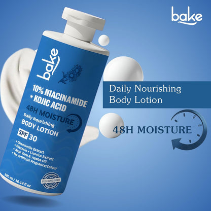 BAKE 10% Niacinamide Body Lotion SPF 30 with Kojic Acid for Acne Marks, Dark Spots & Pigmentation, 48H Moisturizing, Tan Removal | For Women & Men | 300ml