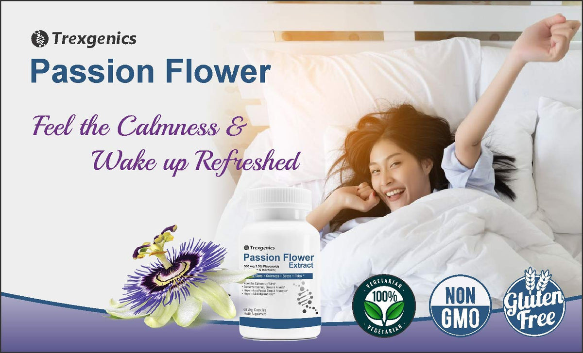 Advertisement for Trexgenics Passion Flower supplement with a woman waking up refreshed.