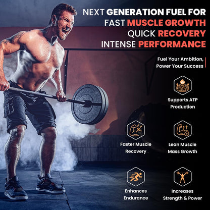 Muscular man lifting weights with promotional text about muscle growth and recovery.
