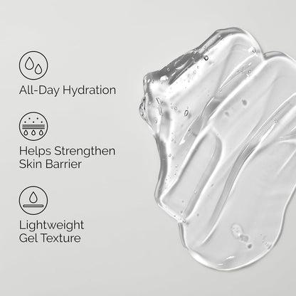 Clear gel texture with hydration benefits on a light gray background