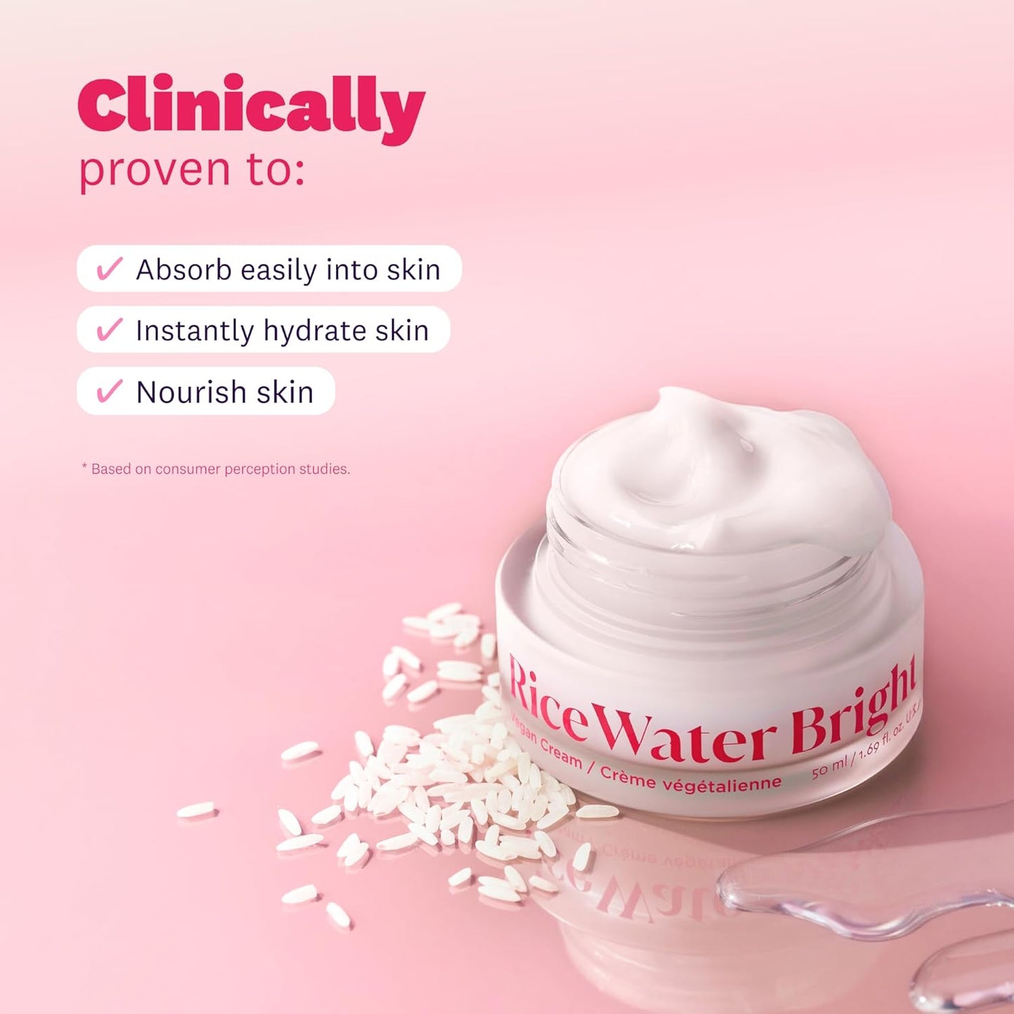 Jar of RiceWater Bright cream with rice grains on a pink background