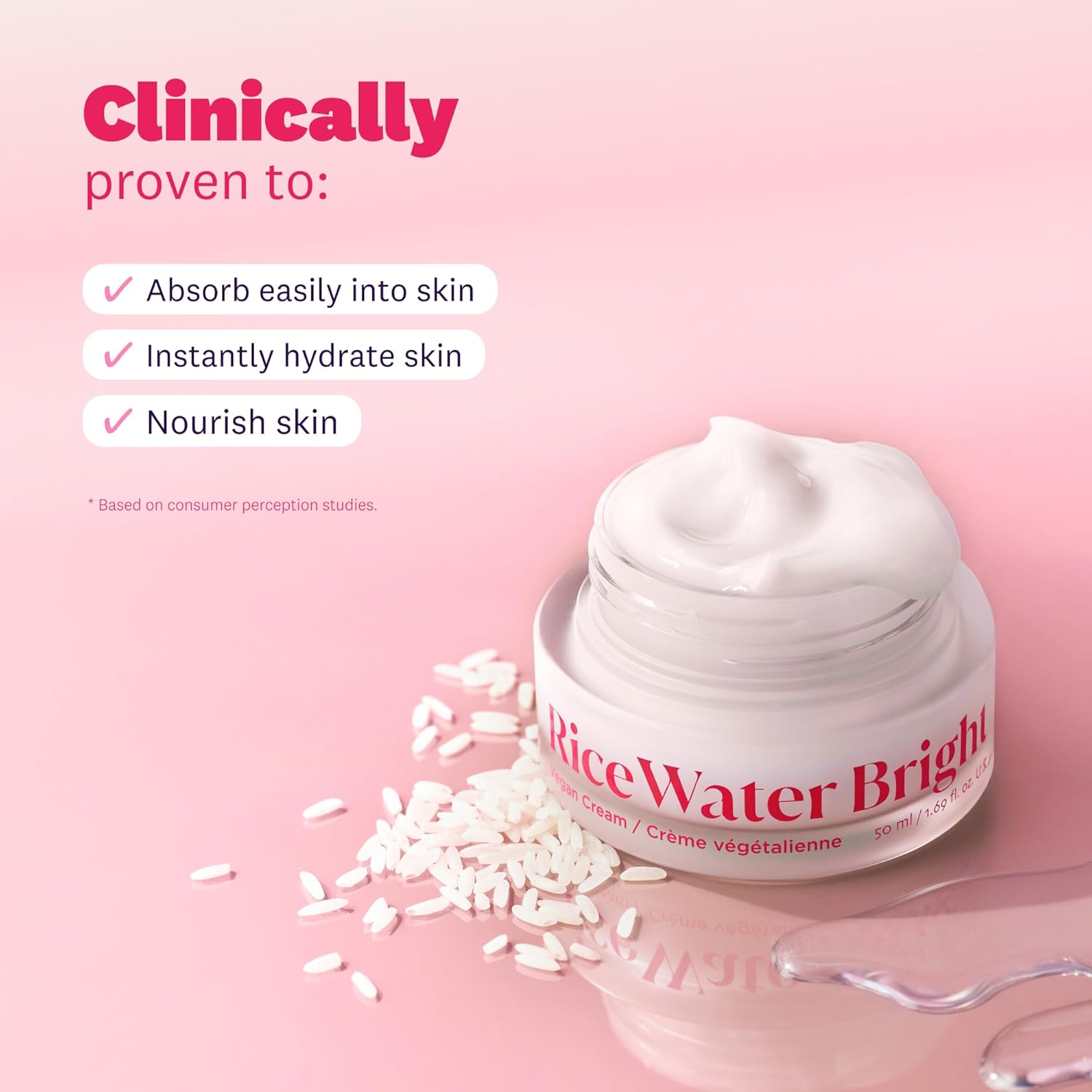 Jar of RiceWater Bright cream with rice grains on a pink background