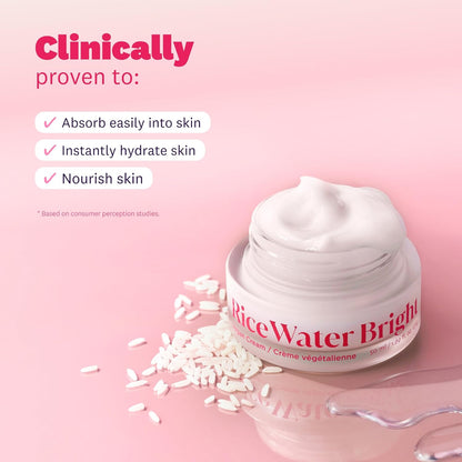Jar of RiceWater Bright cream with rice grains on a pink background