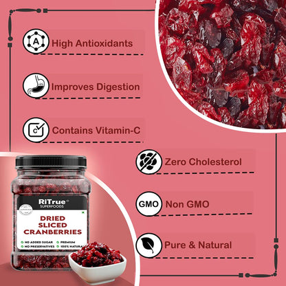 RiTrue - Dried Sliced Cranberry - 250 Gm Jar - Vegan, Non-GMO, Gluten Free | USA Cranberries Dry Fruits