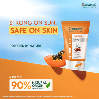 Himalaya Sun Protect+ sunscreen tube with a papaya slice on a blue sky background