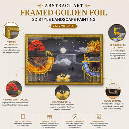 Abstract art Framed Golden Foil 3D Style Landscape Painting with 2 Deer Standing on Edge | Ready to Hnag - (14 x 20 inch, Multicolor)