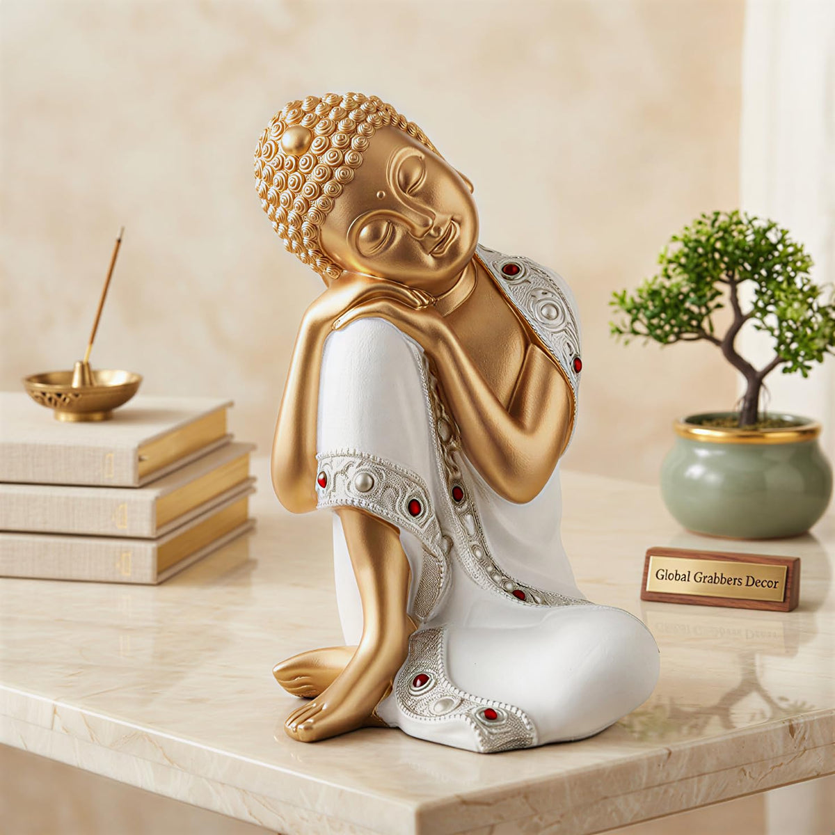 Buddha Idol Statue | Show Pieces for Home Decor Living Room (White Golden)
