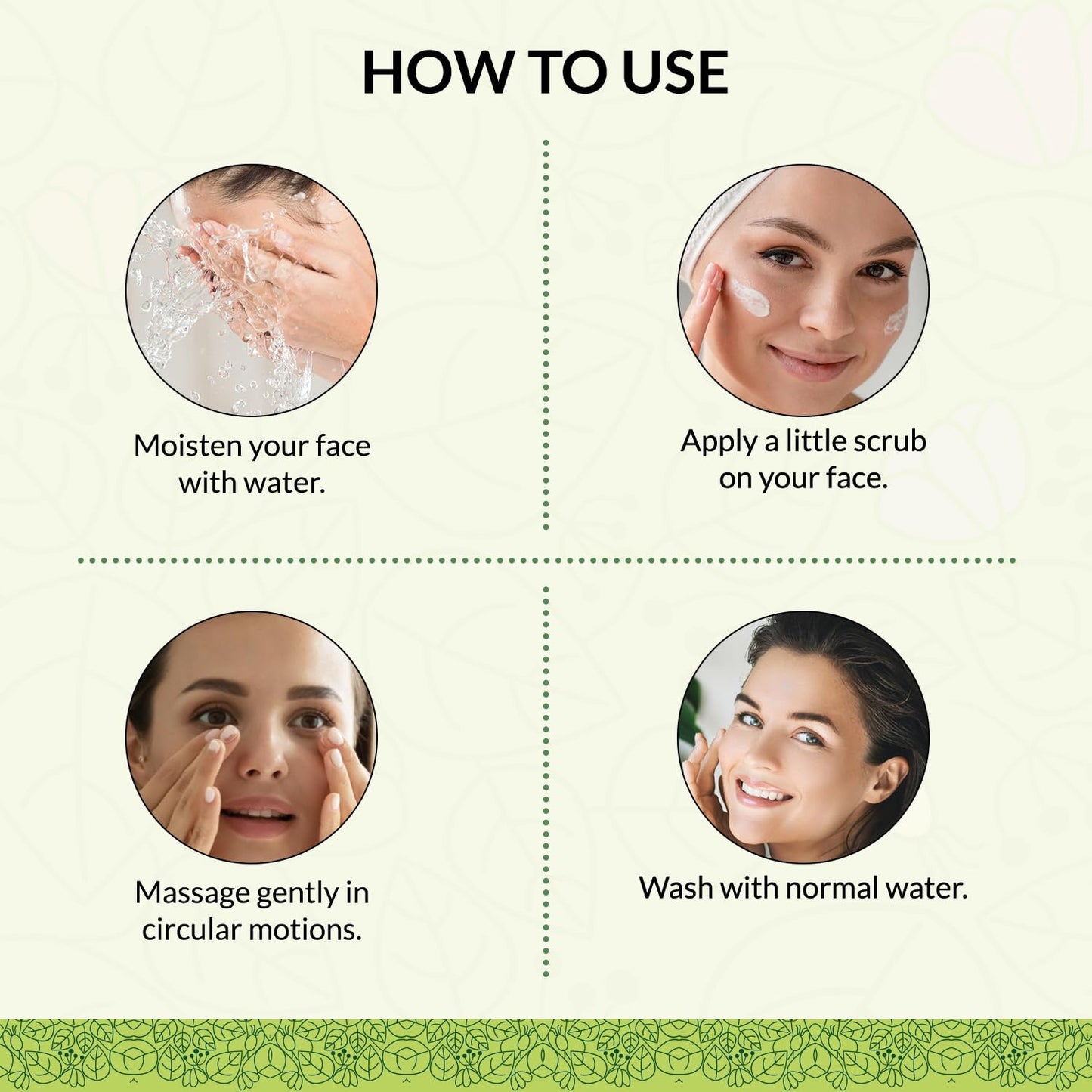 Instructions on how to use a facial scrub with step-by-step images and text.