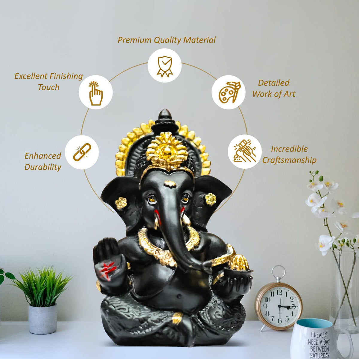 Gold Plated Ganesha Idol Ganesh for Home Decor Puja Statue Ganpati Vinayaka Vinayagar Figurine Diwali Gifts Home Decor Murti Sculpture and Religious (8.89 x 5.08 cm) (Dark Grey)