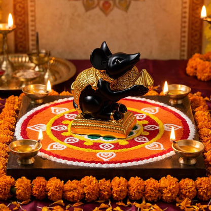 Mushak Raj Idol for Ganesh Chaturthi Pooja - (Resin, 6 cm) | Mouse Statue with Modak | Ganesh Ji Vahan Decorative Murti | Home Temple Decor | Vastu Showpiece | Gift for Festival & Office