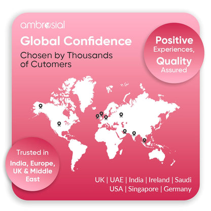World map on a pink background with Ambrosial branding and text about global confidence and customer trust.