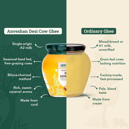 Anveshan A2 Cow Ghee 500ML | Desi Ghee in Glass Jar | Bilona Method | Grass-Fed | Curd-Churned | Cultured Ghee | Pure, Natural, Healthy | Keto-Friendly | Lab Tested