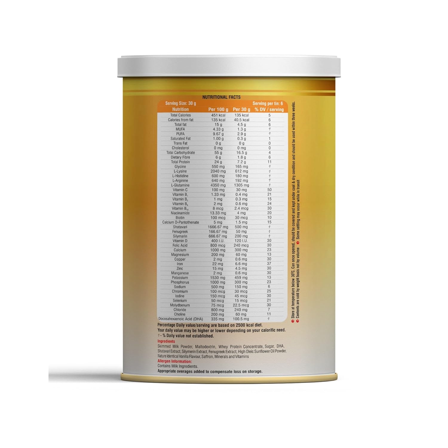Nutritional facts label on a supplement container with a white background