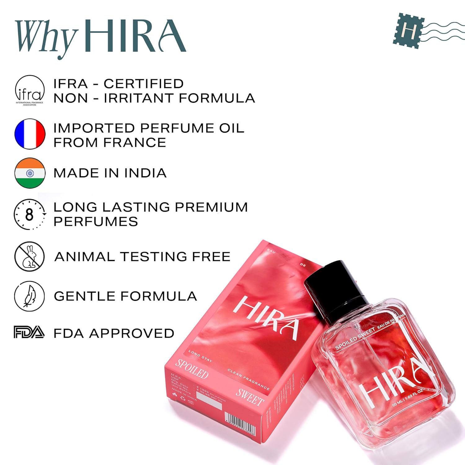HIRA perfume bottle and packaging with certification details on a white background