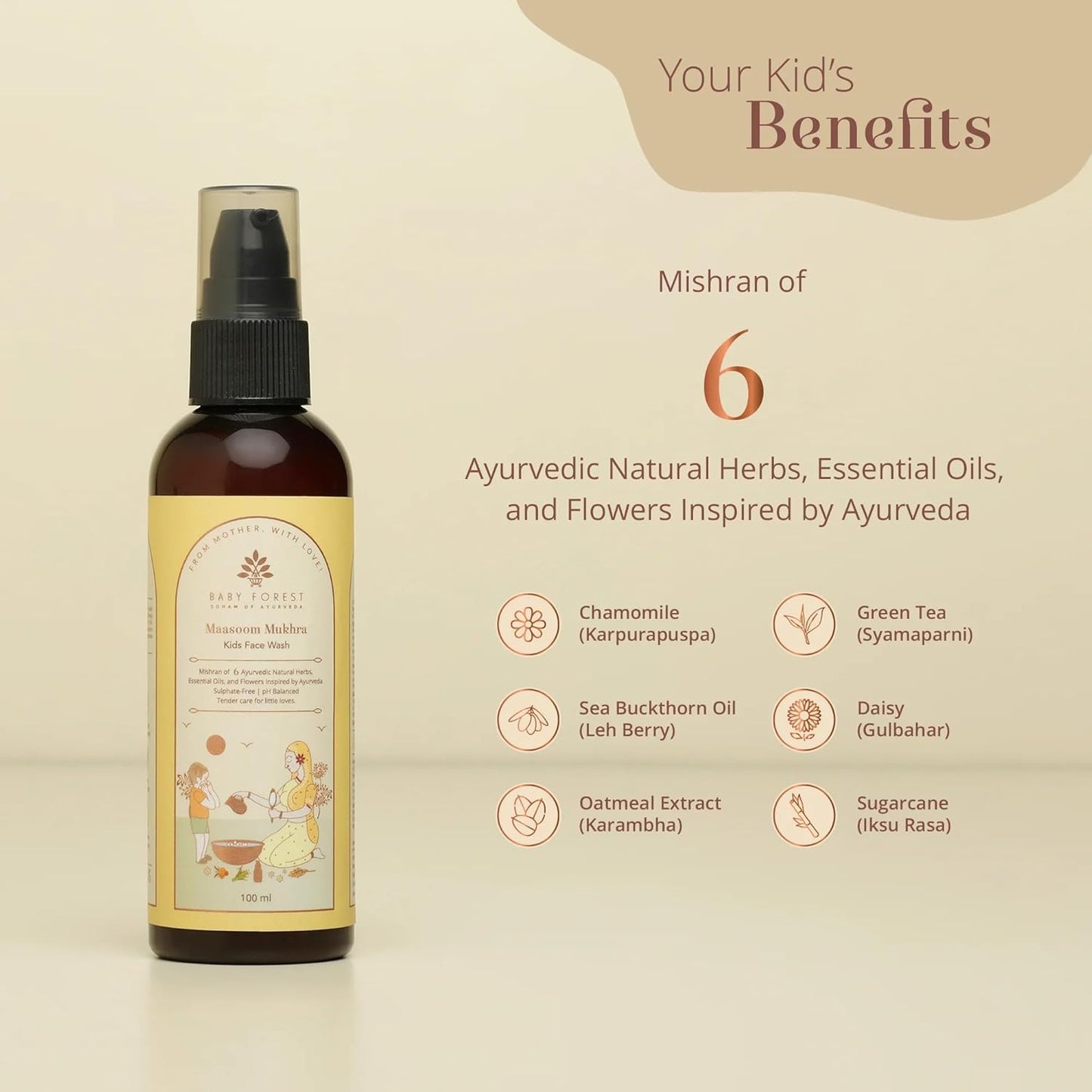 Bottle of herbal product with ingredients listed on a beige background