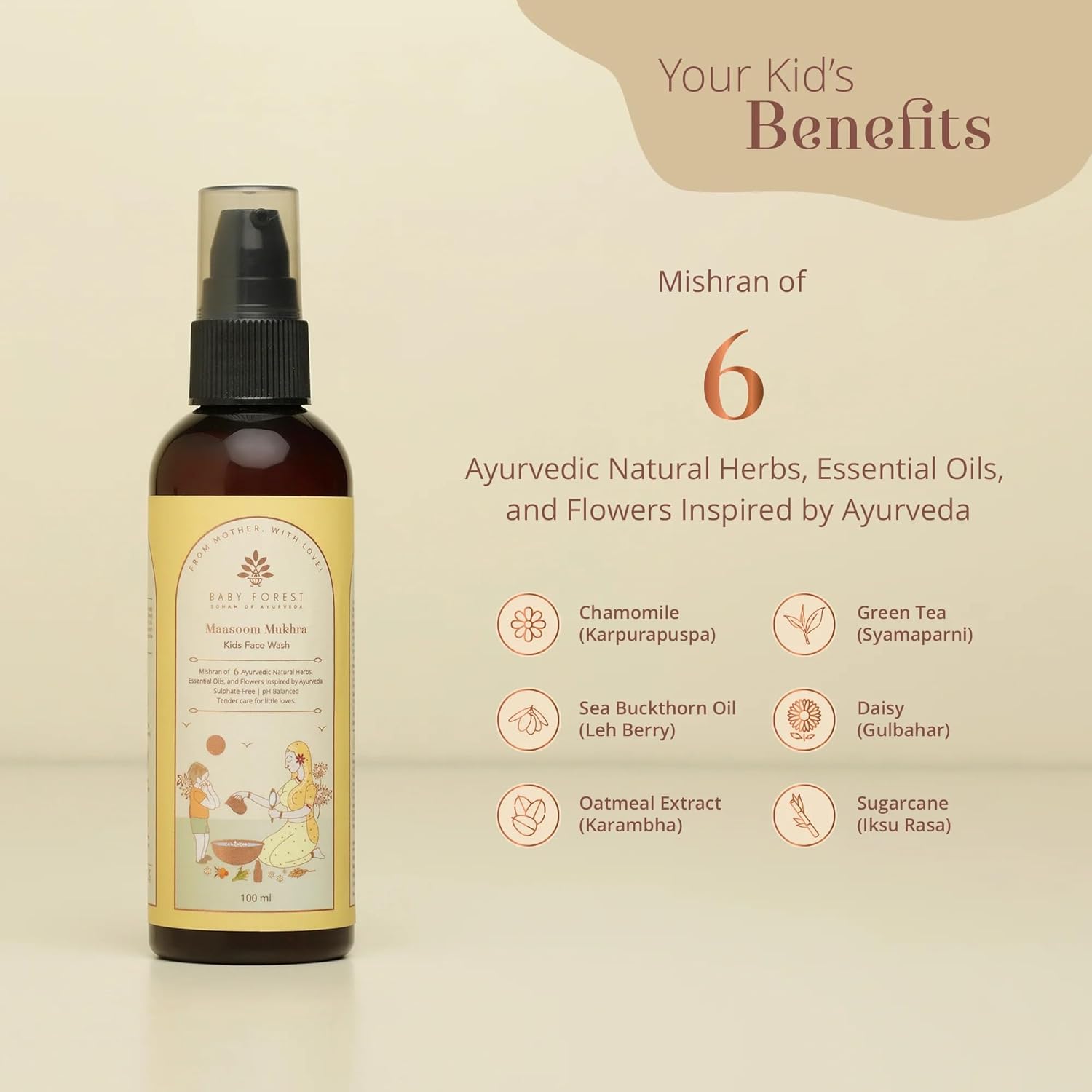Bottle of herbal product with ingredients listed on a beige background
