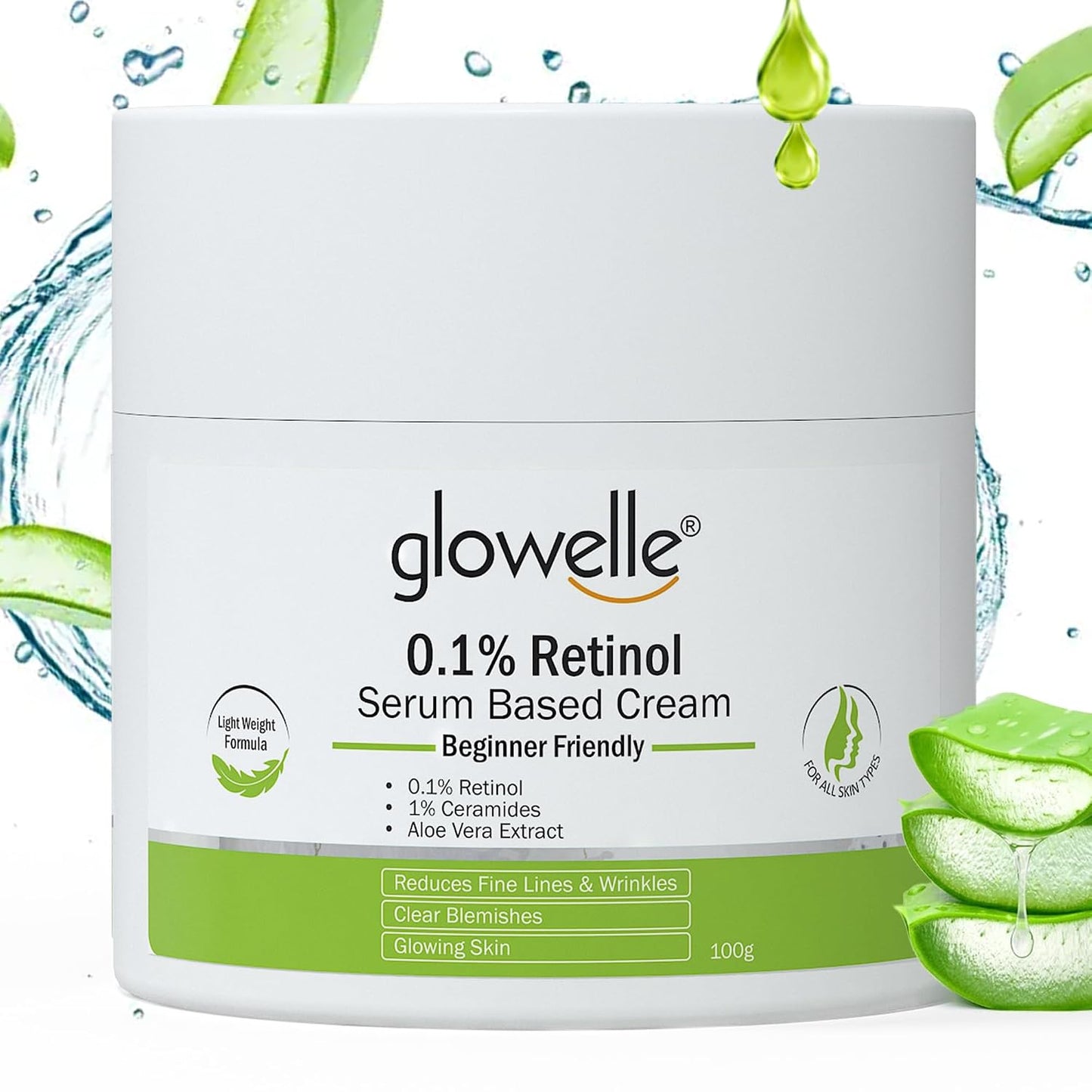 Glowelle 0.1% Retinol Night Serum-Based Cream | Reduces Wrinkles & Fine Lines | Improves Skin Firmness & Clears Blemishes | Glow for All Skin Types | 100g