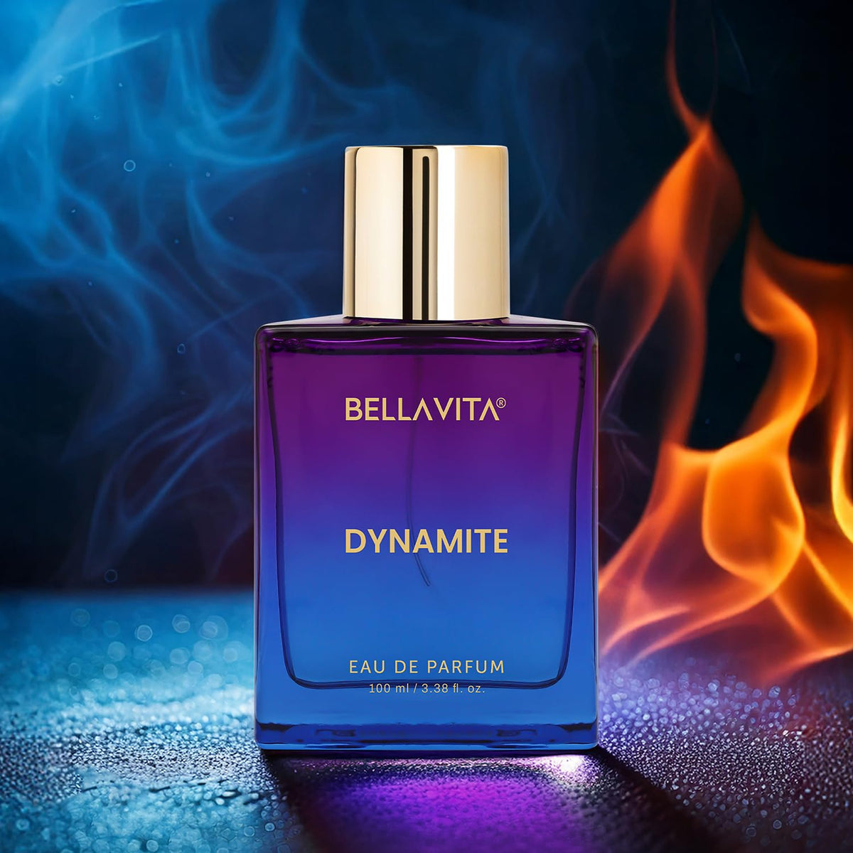 Bellavita Dynamite perfume bottle with blue and fire effects