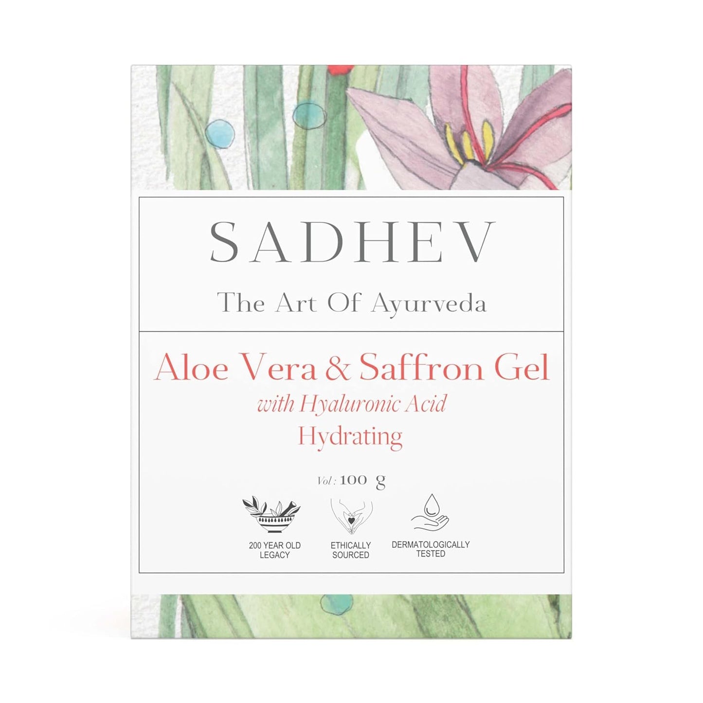 Sadhev Aloe Vera & Saffron Face Gel With Hyaluronic Acid | Intense Hydrating Face Moisturiser For Glowing Skin | For Dry Skin (100g)