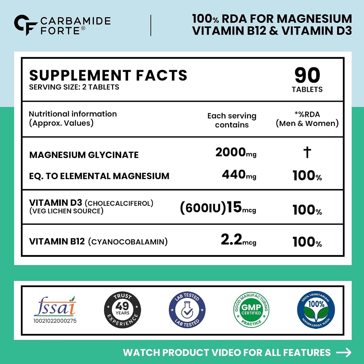 Carbamide Forte Magnesium Glycinate 2000mg Supplement | Magnesium Supplement with Vitamin D3 & B12 | High Absorption Tablets for Muscle Recovery, Sleep, Bone & Nerve Health | 90 Veg Tablets