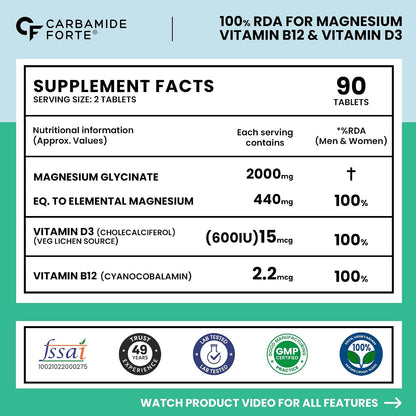 Carbamide Forte Magnesium Glycinate 2000mg Supplement | Magnesium Supplement with Vitamin D3 & B12 | High Absorption Tablets for Muscle Recovery, Sleep, Bone & Nerve Health | 90 Veg Tablets