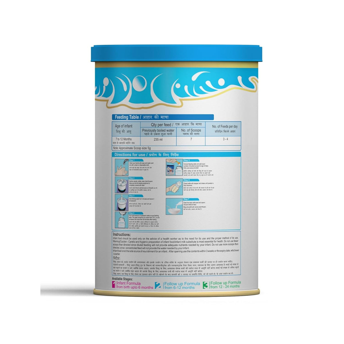 Container with blue lid and detailed label on a white background