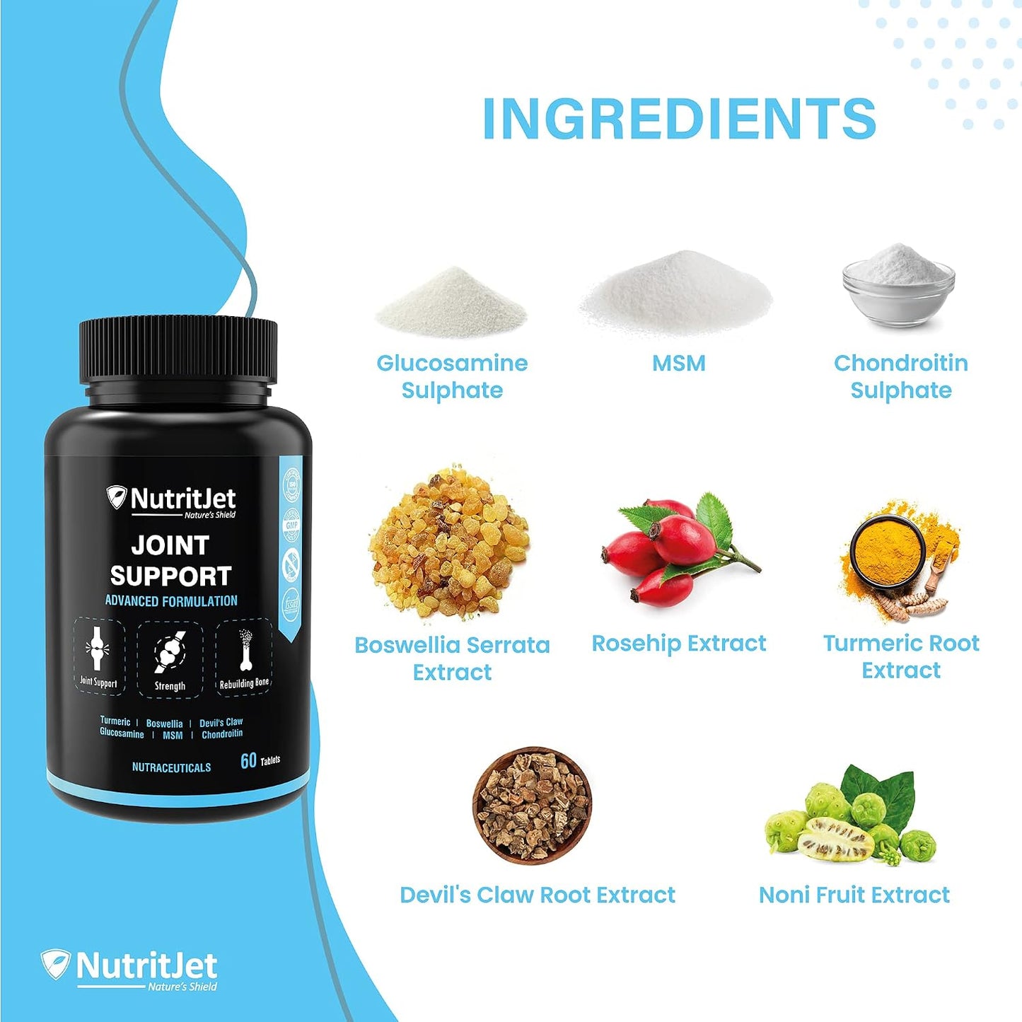 NutritJet Joint Support Supplement with Glucosamine, Chondroitin, MSM for Cartilage & Joint and Bone - 60 Tablets
