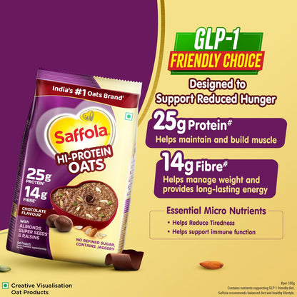 Saffola 25g High Protein Oats | 14g High Fibre | Chocolate flavour | No Refined Sugar | With Almonds, Raisin, Pumpkin and Chia Seeds | Rolled Oats for Weight management & Muscle gain