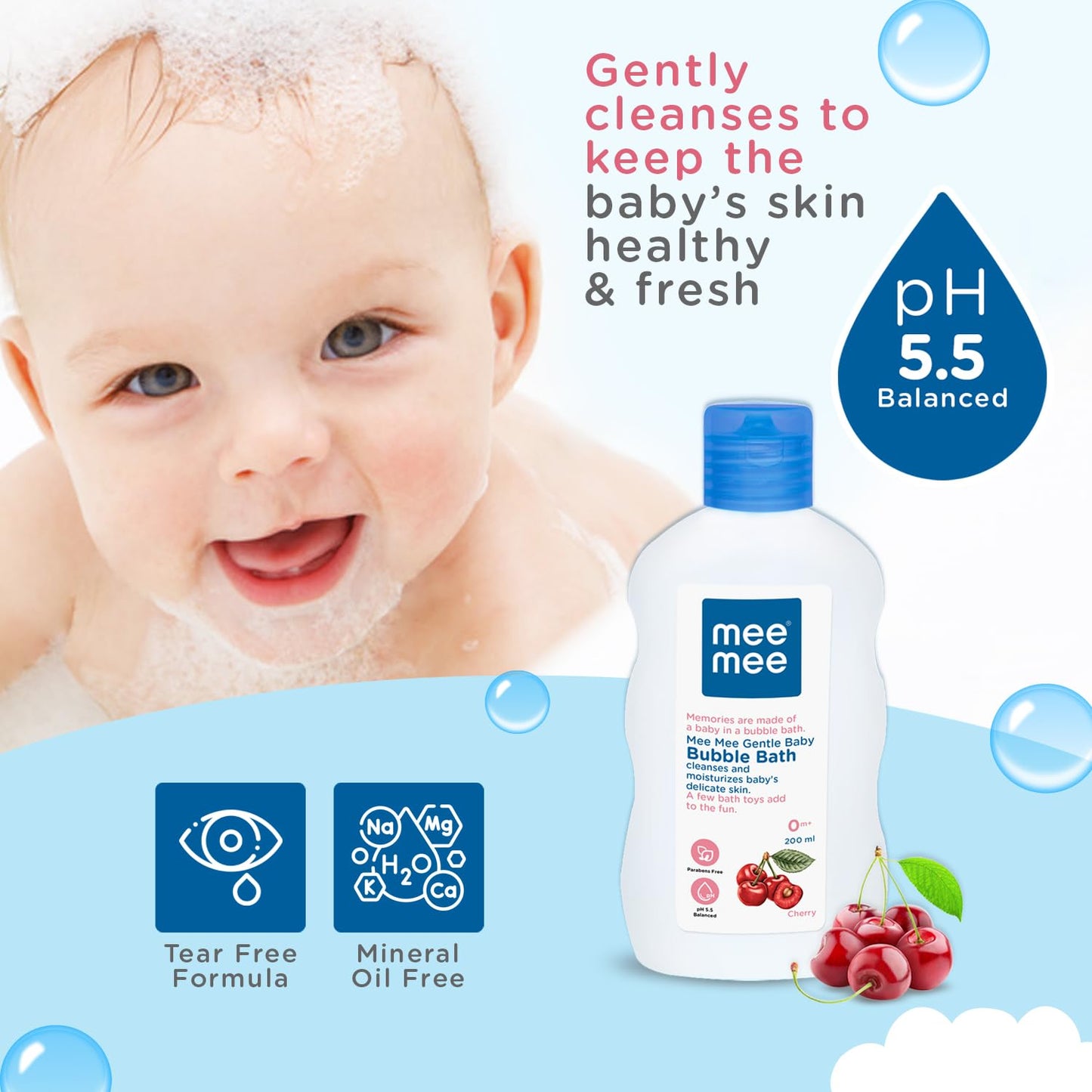 Mee Mee Baby Body Wash 200ml with Cherry & Fruit Extracts | Tear-Free, Mild & Moisturizing | Paraben-Free, Dermatologically Tested, pH Balanced | Gentle Head-to-Toe Bubble Bath for All Skin Types